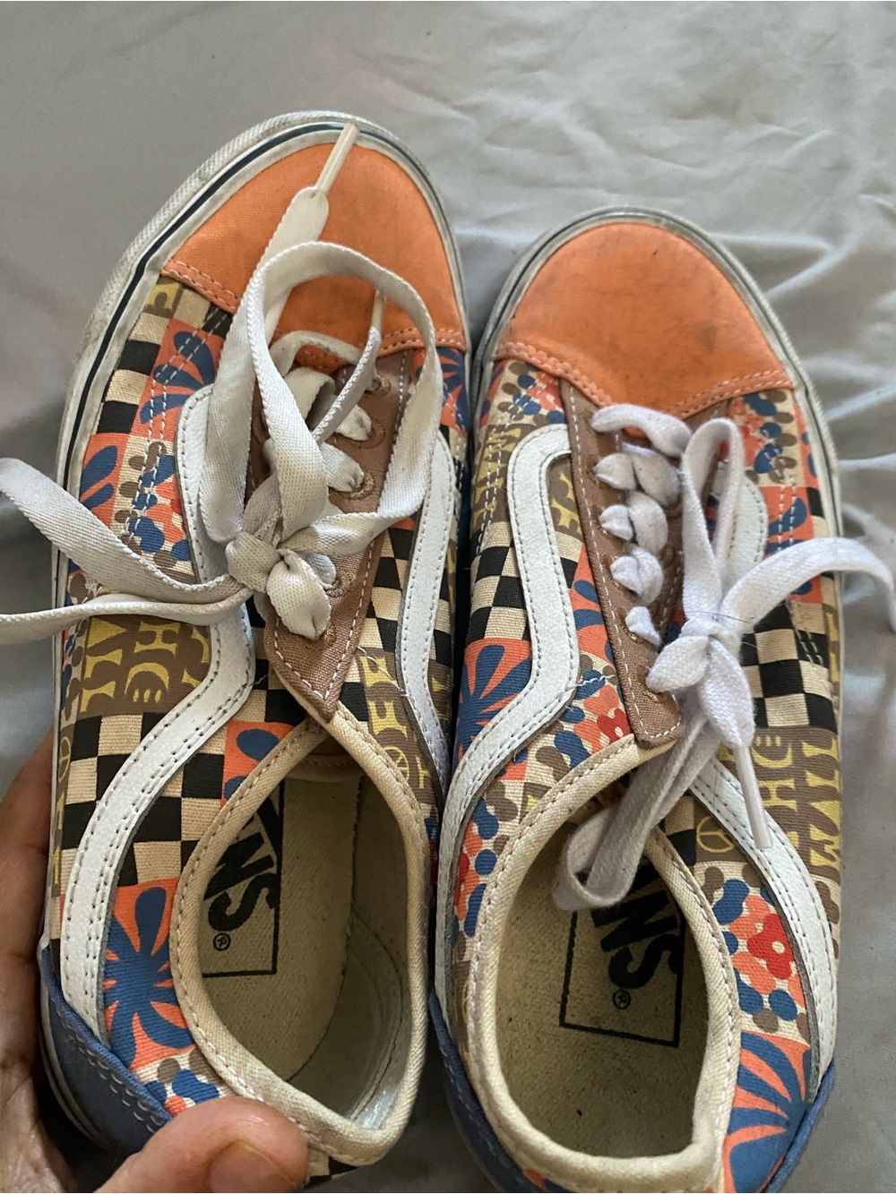 Vans Orange Navy Checker Floral Old Skool Sneakers